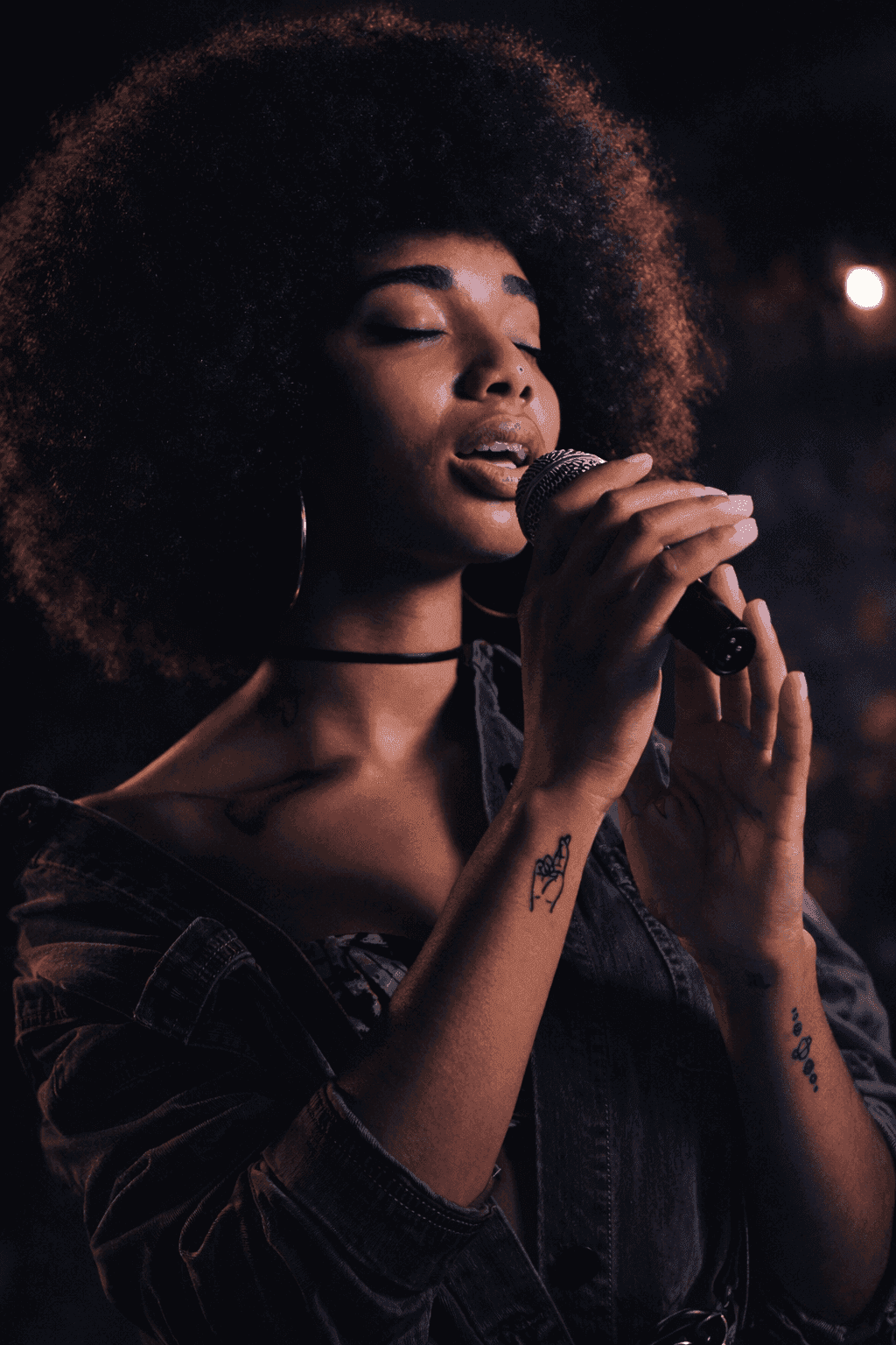 Singer holding a microphone in a moody portrait.